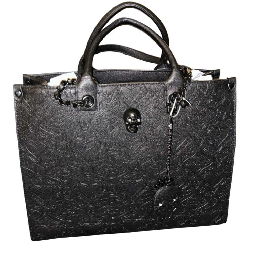 BETSEY JOHNSON XL BLACK SUGAR SKULL & HEARTS DOUBLE HANDLE/CHAIN STRAPS TOTE NWT